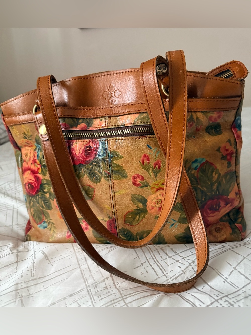 Patricia Nash Poppy Tote Floral Leather Shoulder Bag Brown and Multicolor